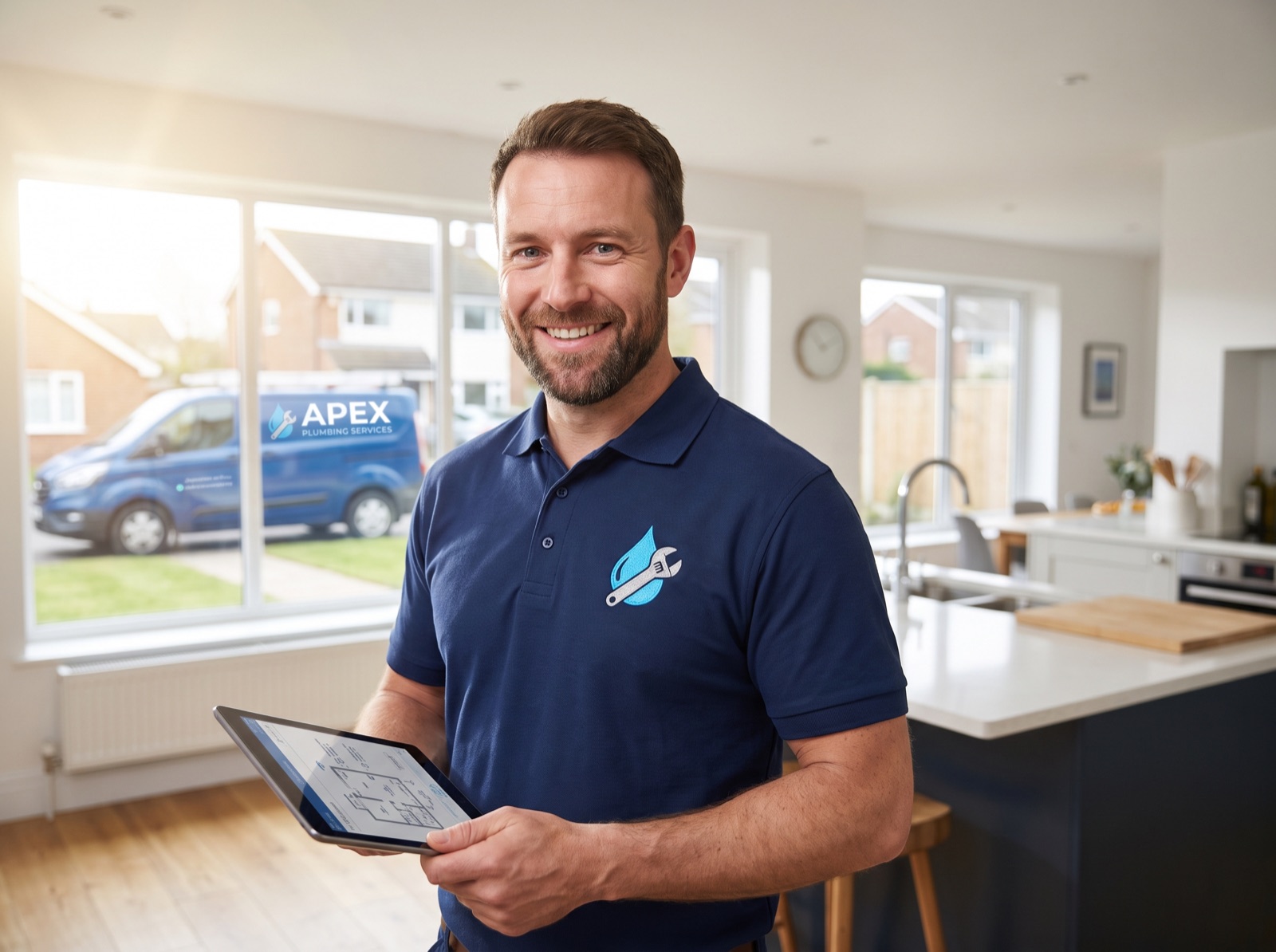 Friendly professional plumber holding a tablet, service van in the driveway behind him