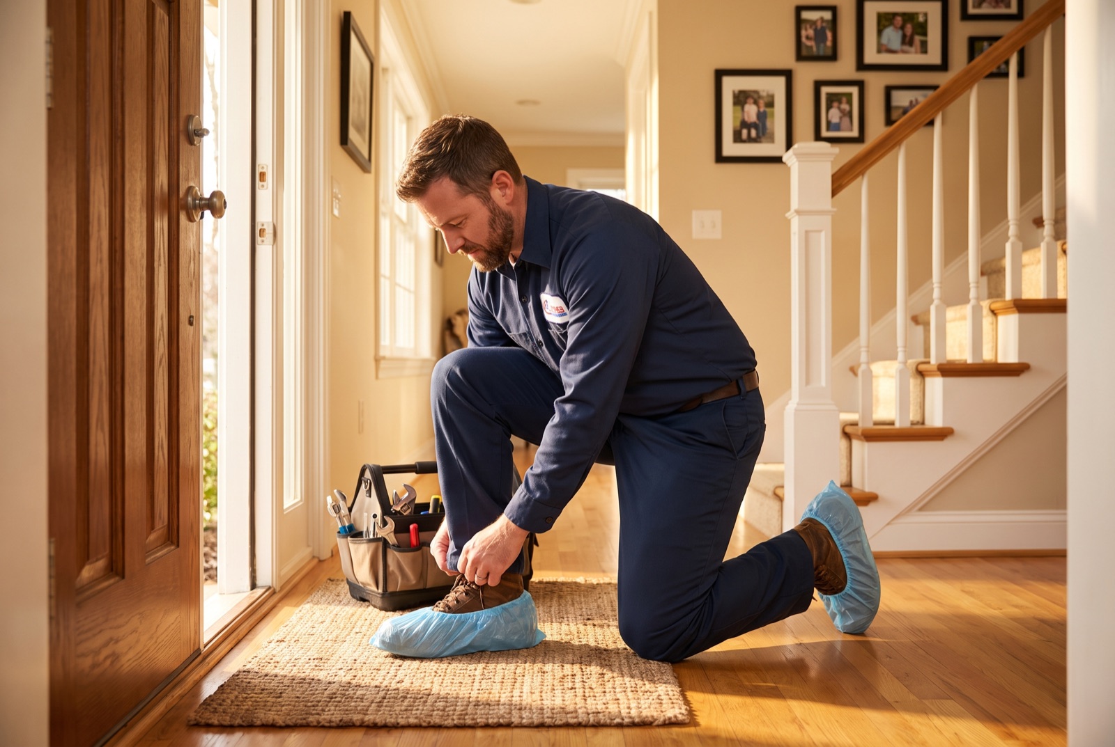 Plumber putting on protective shoe covers at the front door