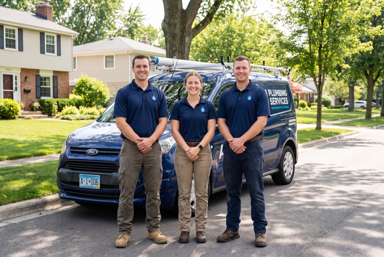 Three uniformed plumbers smiling in front of their service van