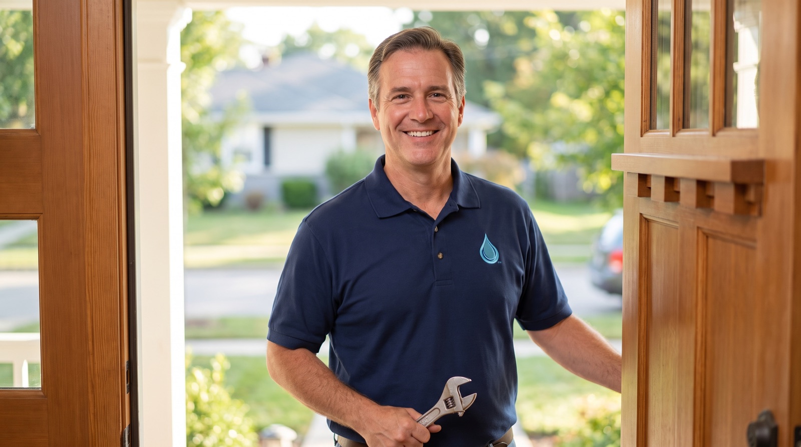 Friendly plumber smiling at the front door of a home
